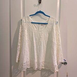 Nanette Lepore Cream Eyelet 3/4 Sleeve Top With Zippered Back, Women's Size XL